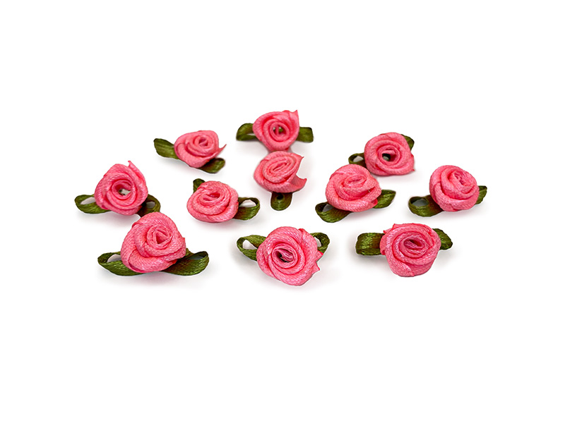Роза с листом атласная пришивная 1.5см (тем.розовый)