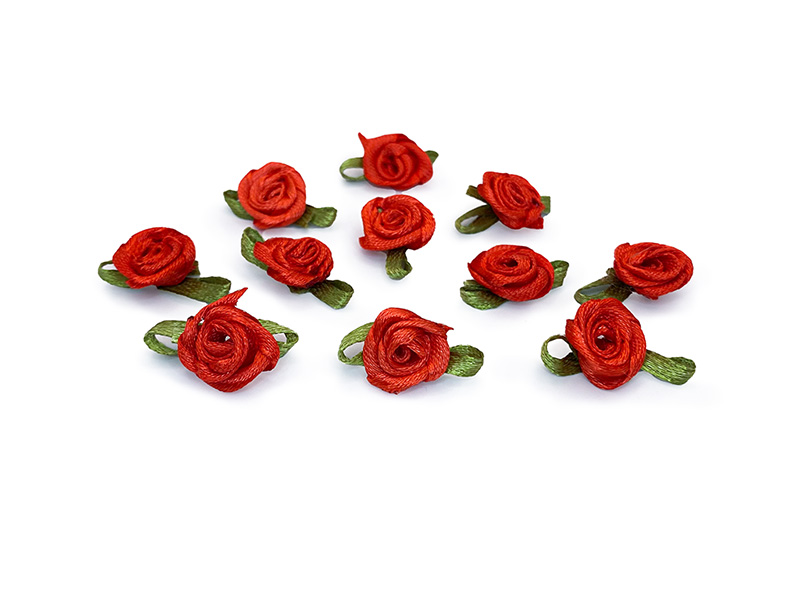 Роза с листом атласная пришивная 1.5см (красный)
