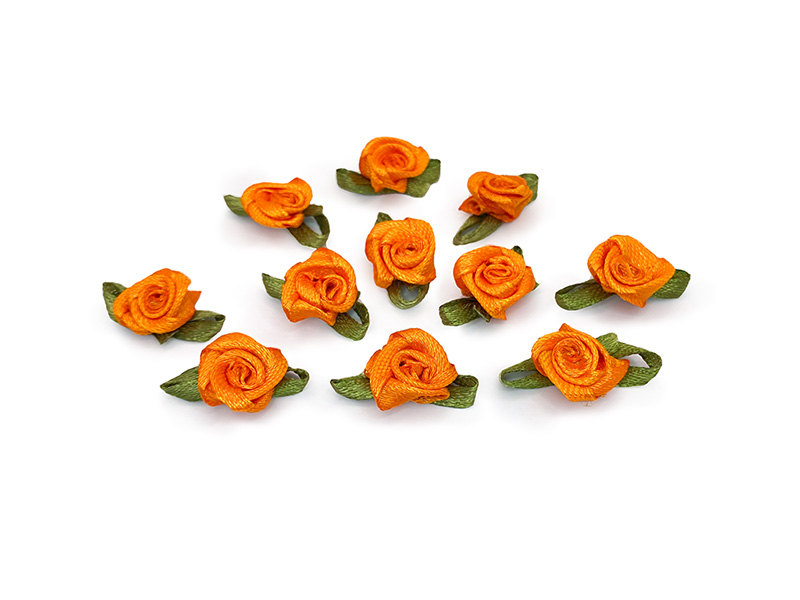 Роза с листом атласная пришивная 1.5см (оранжевый)