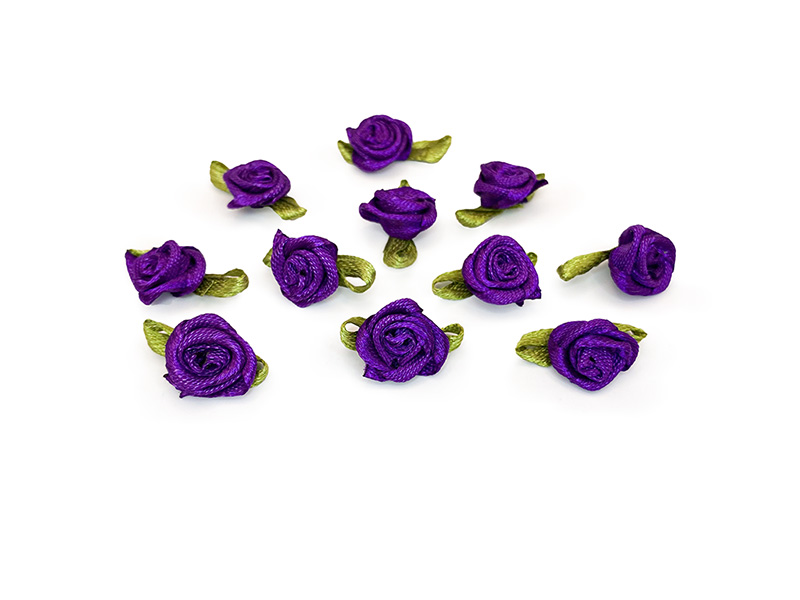 Роза с листом атласная пришивная 1.5см (фиолетовый)