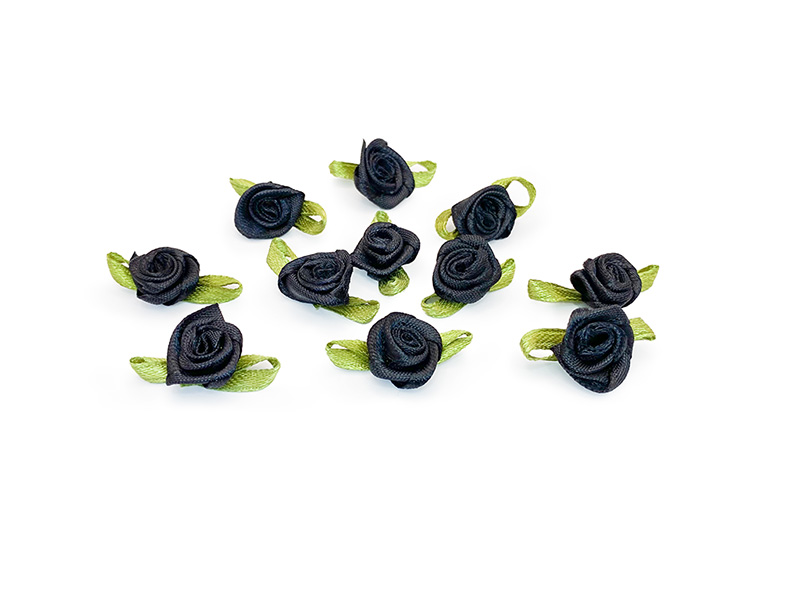 Роза с листом атласная пришивная 1.5см (черный)