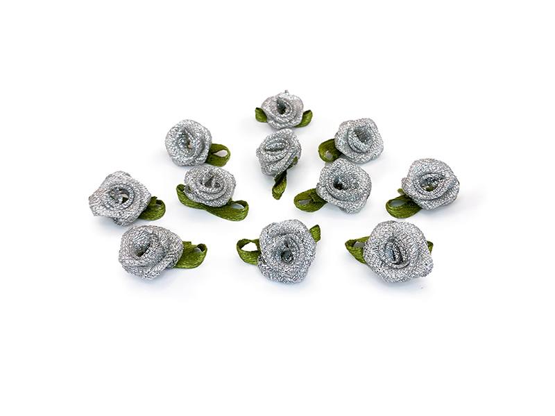 Роза с листом парча пришивная 1.5см (серебро)