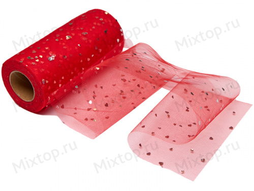 Фатин с пайетками сердца 15см x 25ярдов (цв. красный)